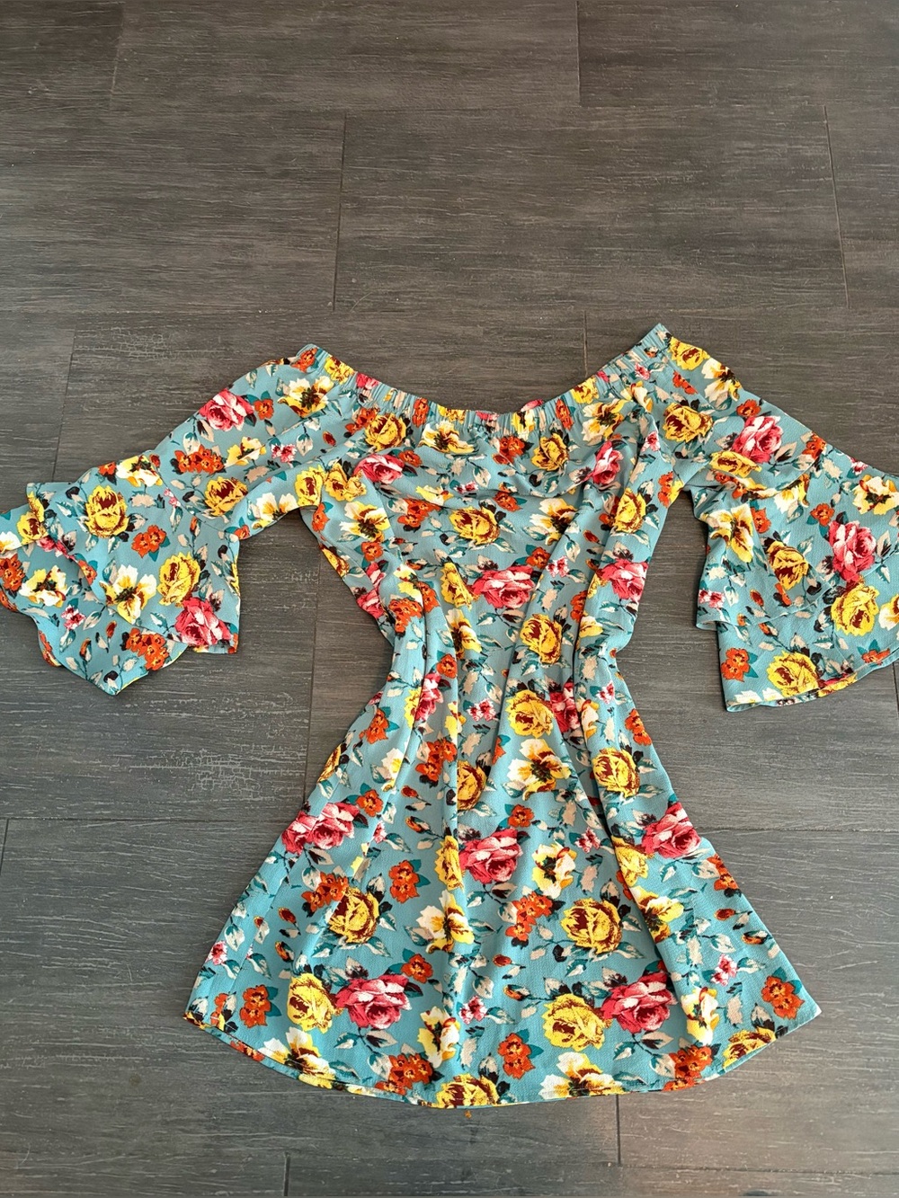 🌺🌺Xhilaration Teal Floral Off-Shoulder Dress with Bell Sleeves🌺🌺 - Picture 1 of 4
